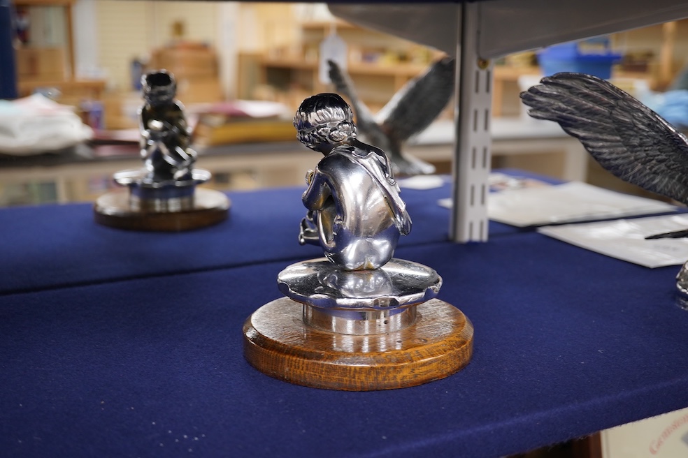 Two chrome car mascots, one in the form of an eagle stamped Finnigans London, wingspan 26cm, and the other of a classical child writing, mounted on a substantial radiator cap and oak base. Condition - fair to good, some